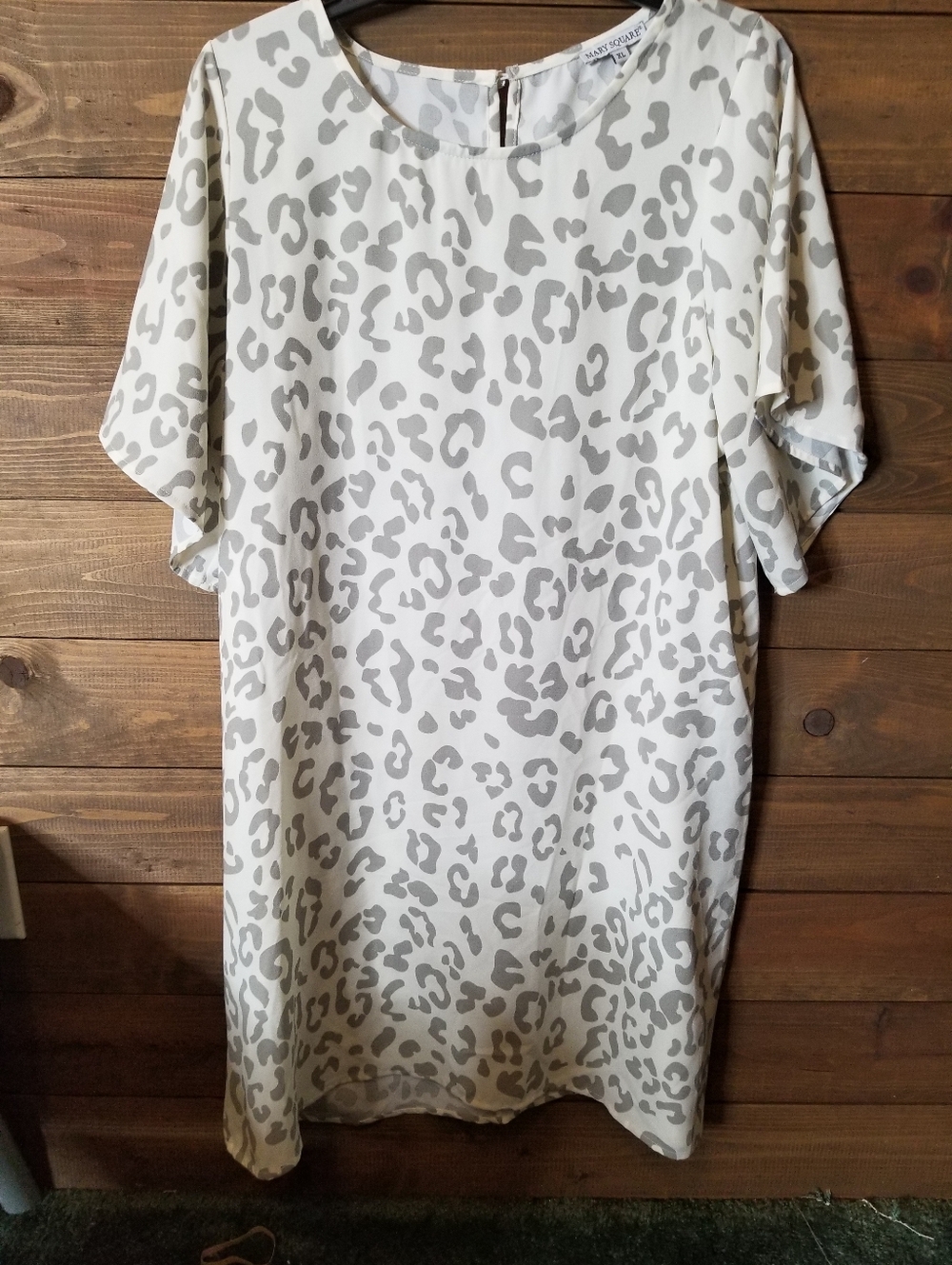 Mary Square Tunic Shirt Dress Cream/Gray Leopard Print Polyester Sz Xl